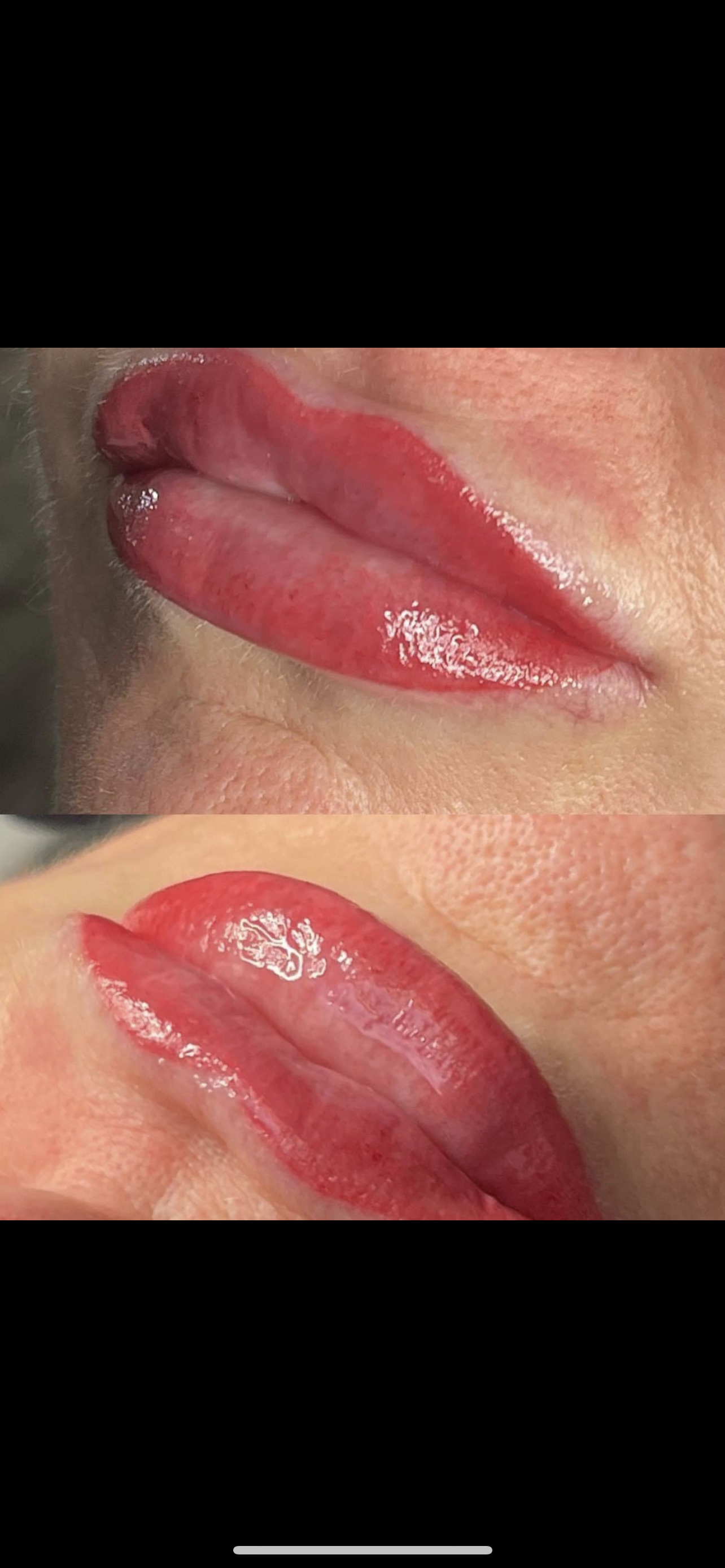 A before and after picture of a woman 's lips with red lipstick.