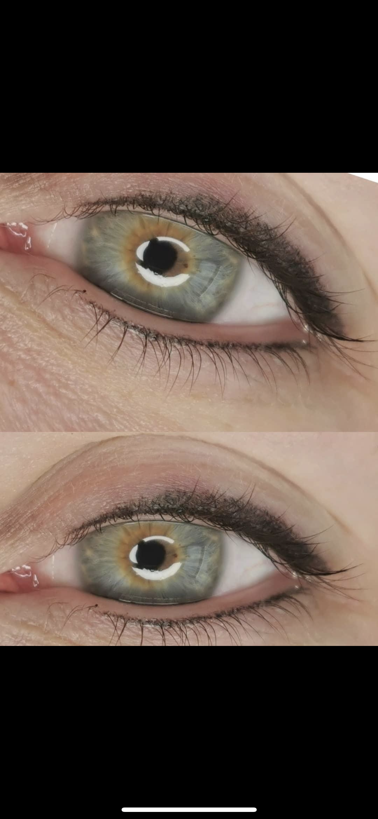 A close up of a woman 's eye with and without makeup.