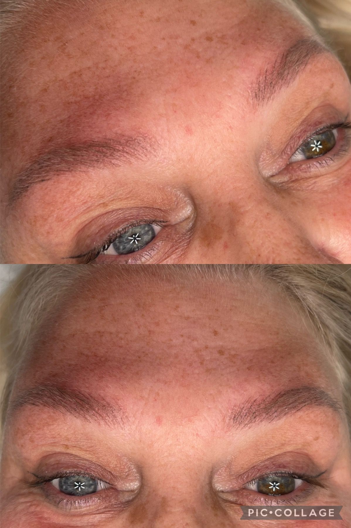 A before and after picture of a woman 's eyebrows.