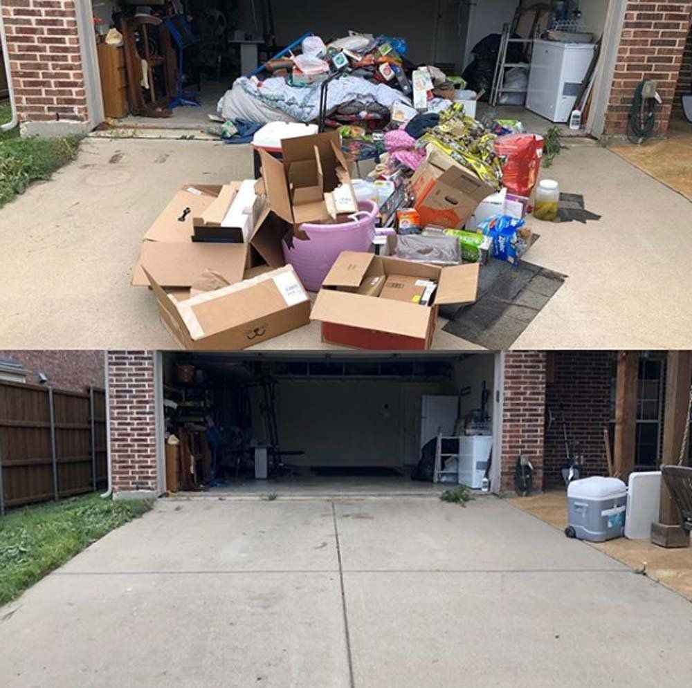 A before and after picture of a messy garage
