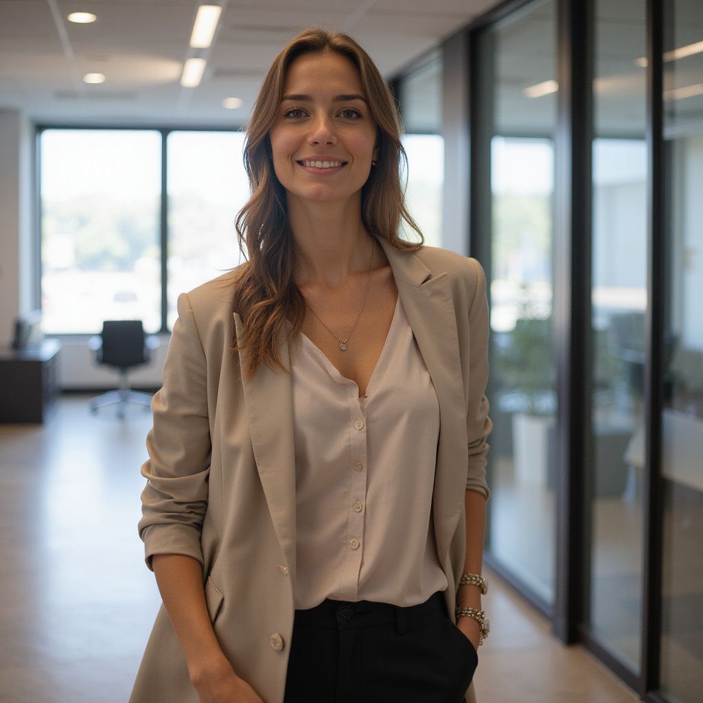 Woman in beige blazer smiles, hands in pockets, in a modern office hallway.