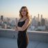 Woman on rooftop, arms crossed, facing camera. City skyline in background, sunset.