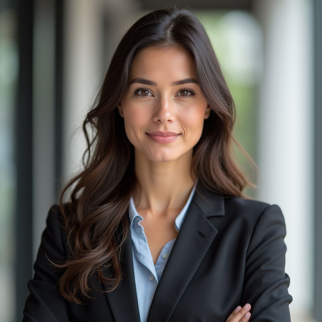 Woman in a blazer and light blue shirt, arms crossed, smiling, in a modern office setting.
