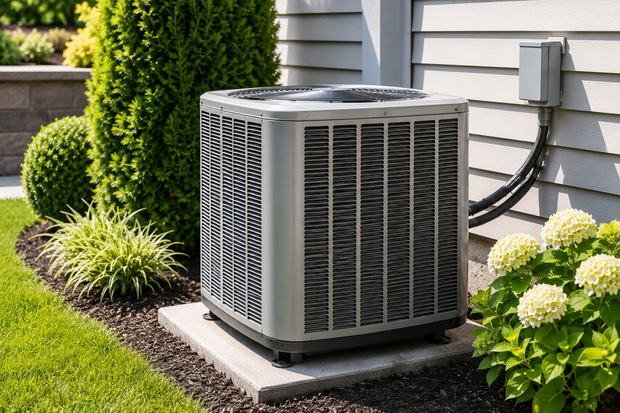 Outdoor air conditioner unit beside a house, surrounded by landscaping and shrubs