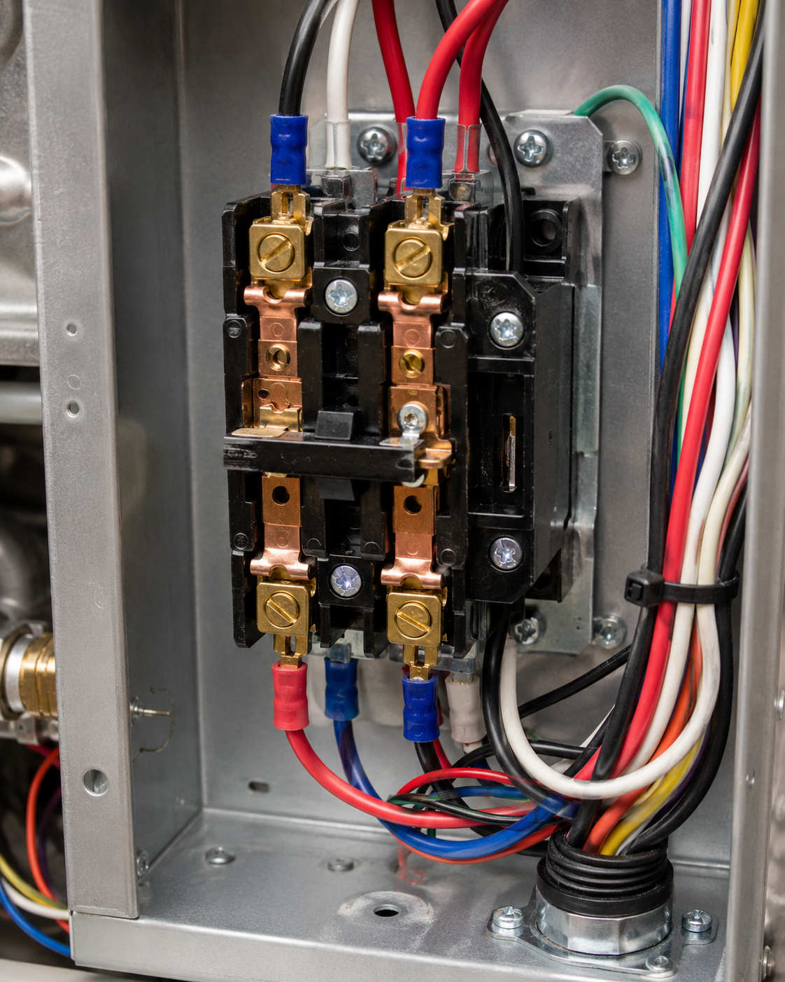 Open server cabinet with exposed wiring, circuit boards, and metal components outdoors.
