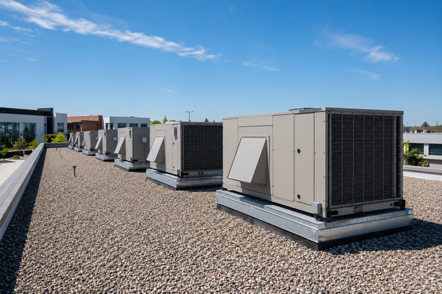 Row of rooftop HVAC units on a gravel roof under a clear blue sky