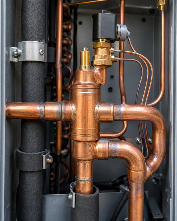 Copper pipes and valves inside an industrial machine, with black insulated tubing and wiring.