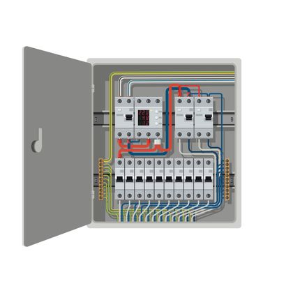 Open electrical panel with circuit breakers, wires, and a meter inside a gray cabinet. Open electrical panel with circuit breakers, wires, and a meter inside a gray cabinet.