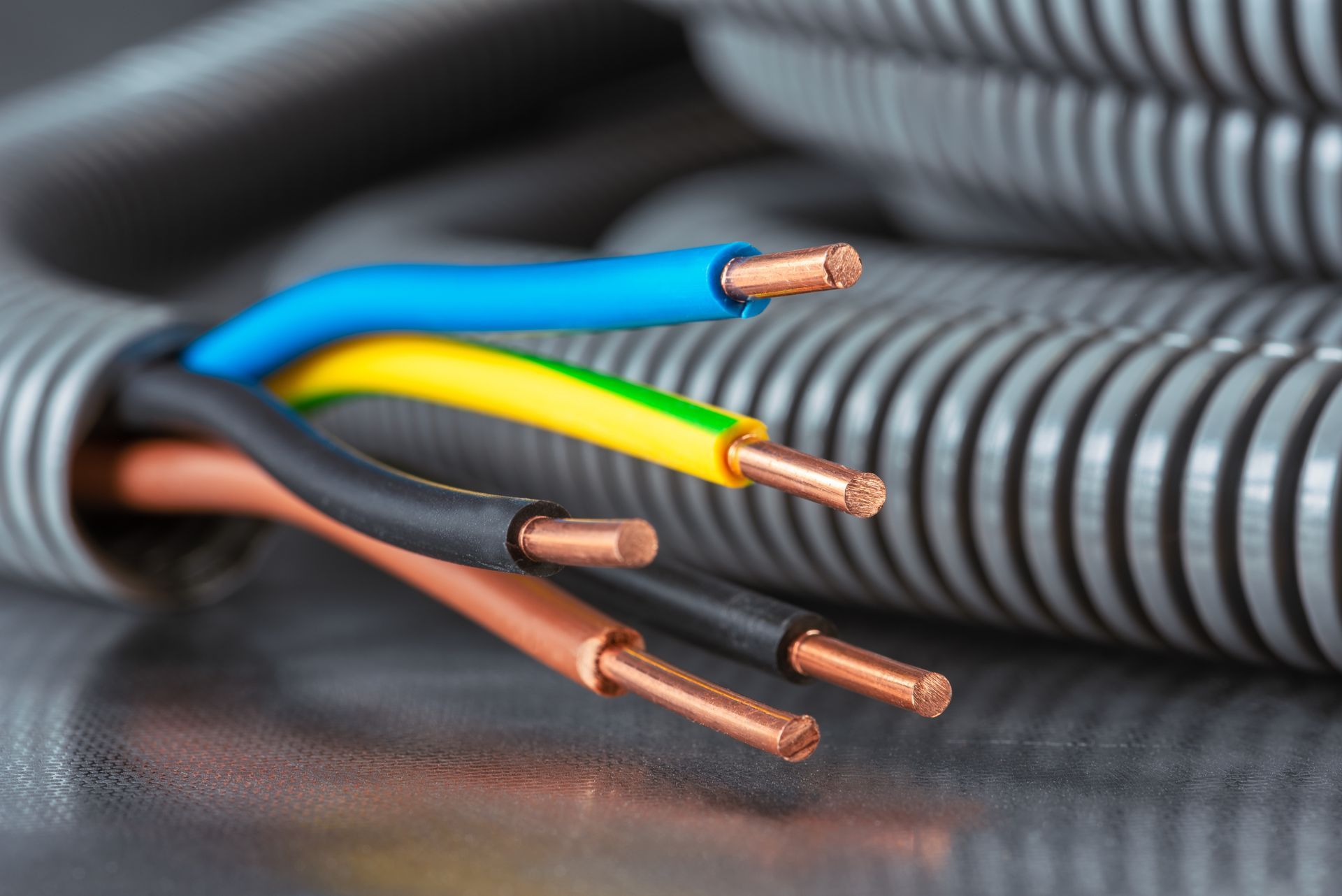Close-up of four exposed electrical wires with blue, yellow-green, black, and brown insulation on a coiled gray cable sheath. Close-up of four exposed electrical wires with blue, yellow-green, black, and brown insulation on a coiled gray cable sheath.