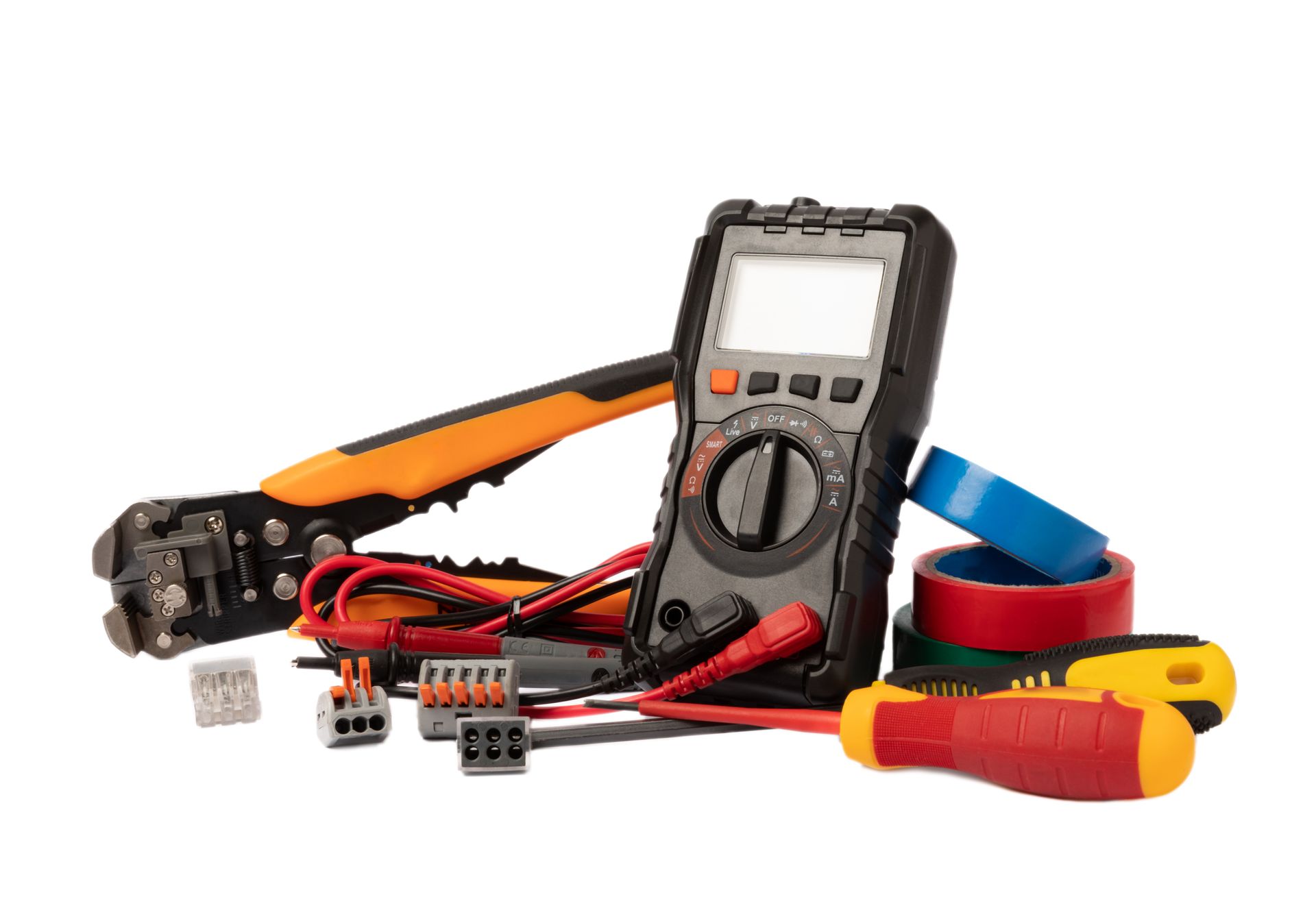 Digital multimeter with test leads and wire strippers, arranged on a white background.