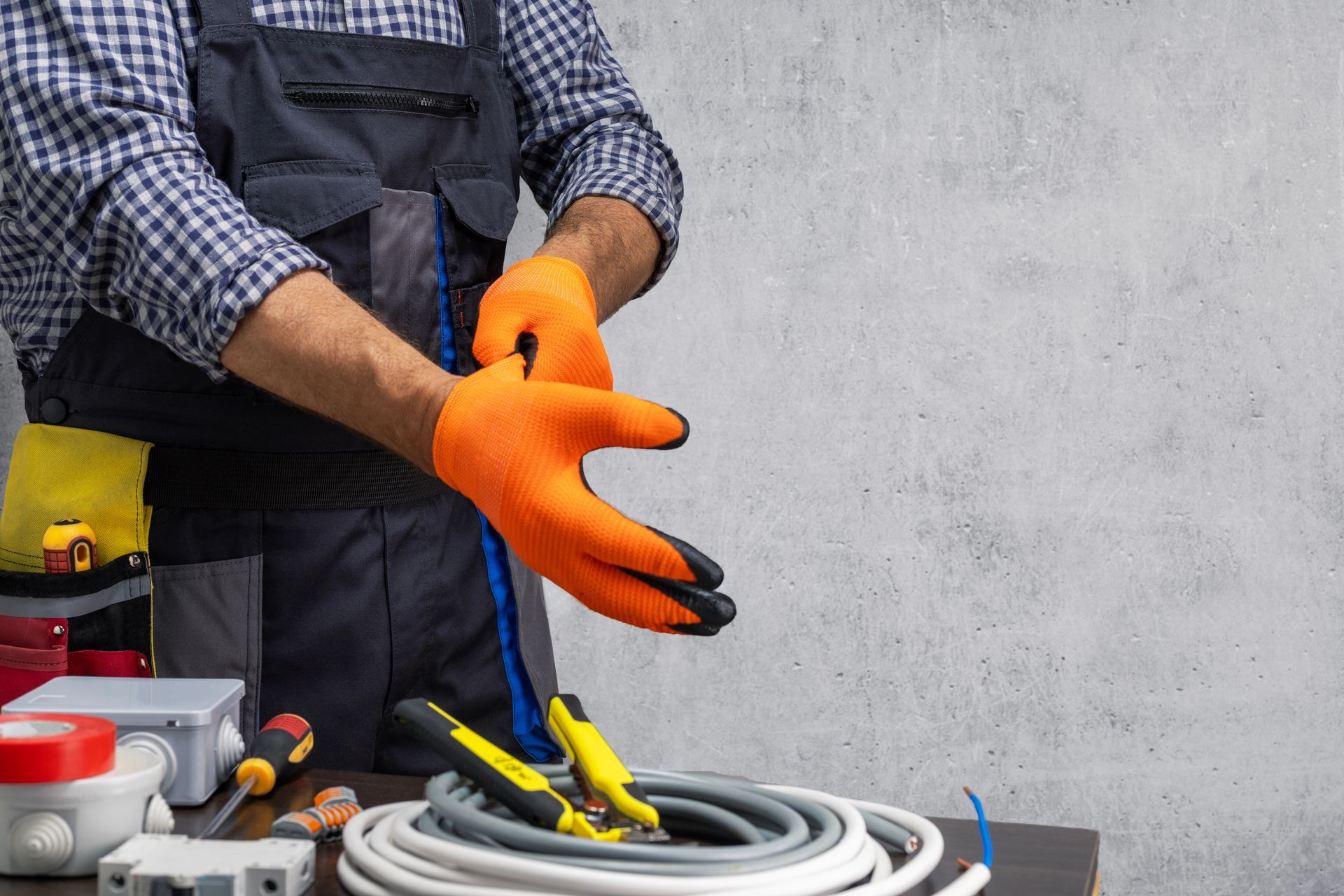 Worker putting on bright orange gloves at a workbench with tools and coiled cable.