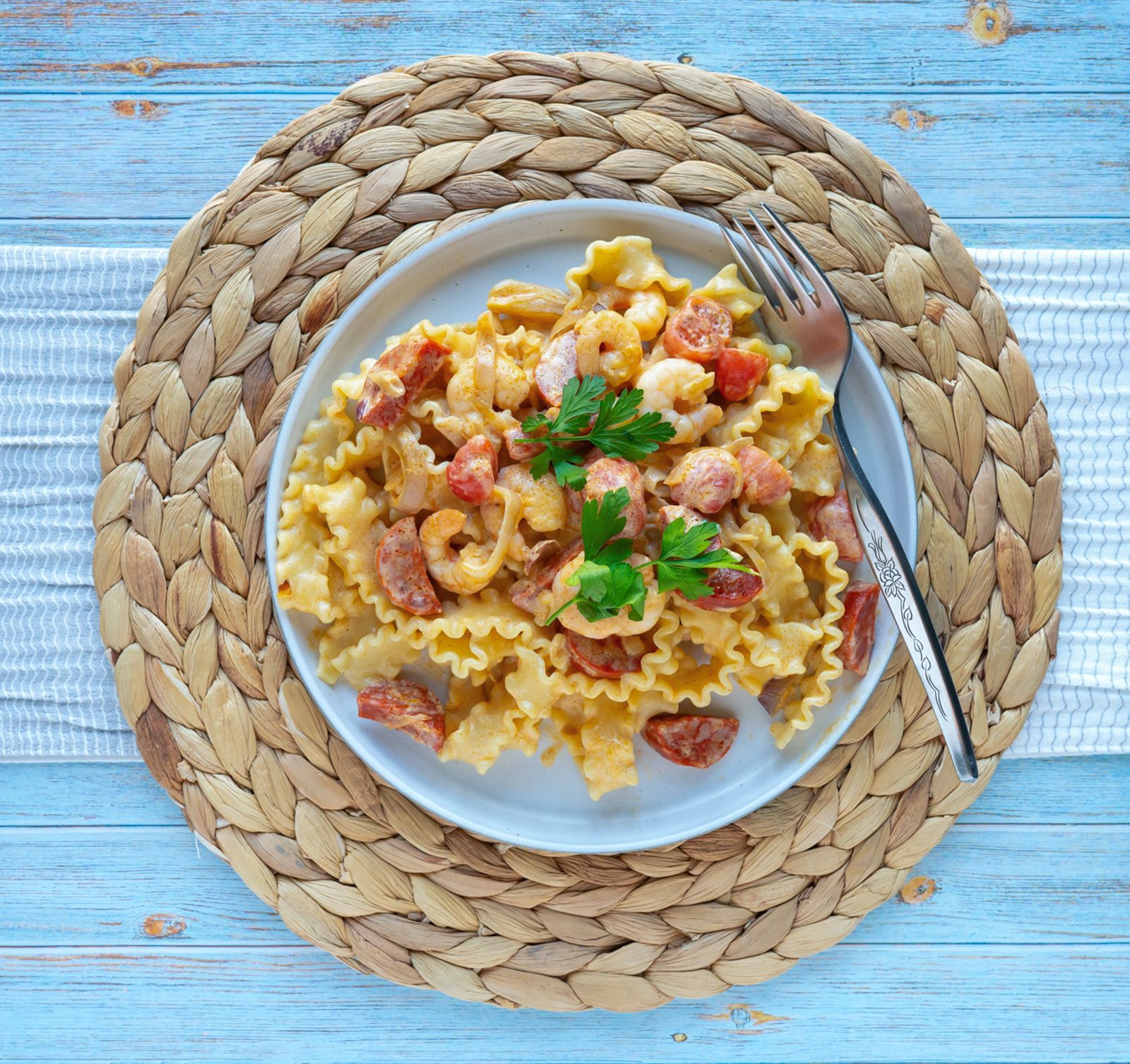 Prawns Chorizo on Pasta