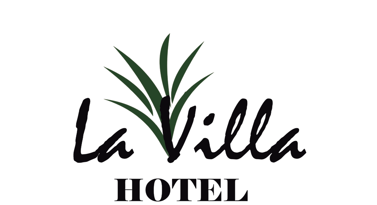 Logotipo del Hotel La Villa con texto en letra cursiva negra y un diseño de hoja de palma verde.