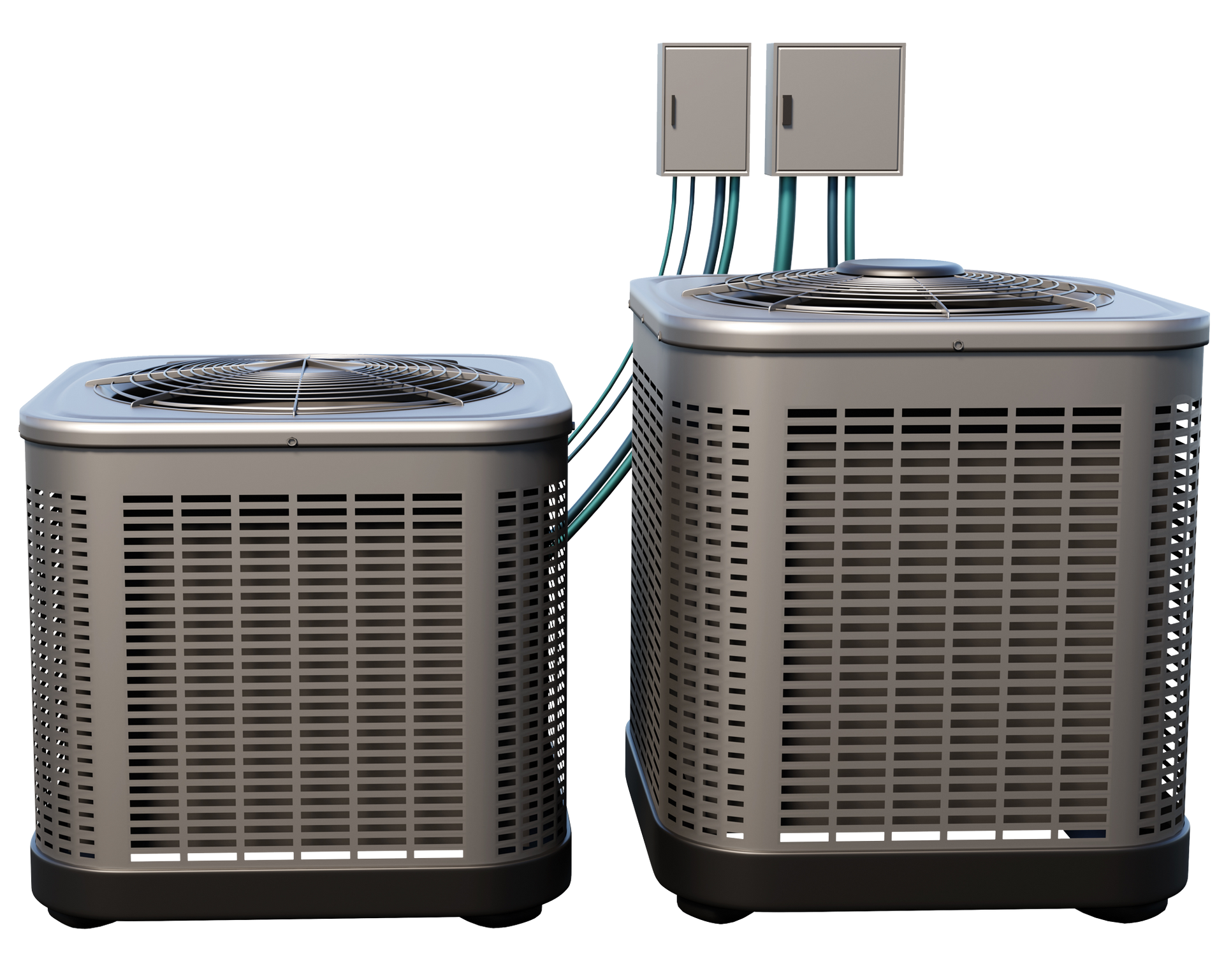 Two silver air conditioning units, one smaller, one larger, with electrical boxes on top.