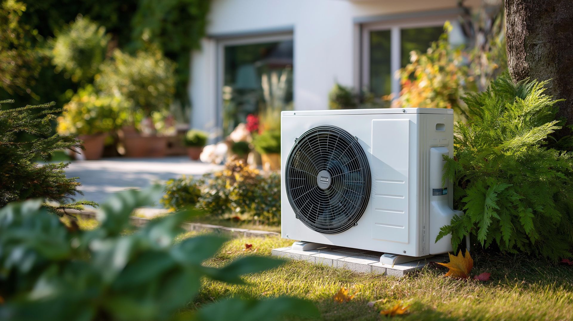 A white outdoor heat pump unit sits in a green, landscaped garden in front of a house.