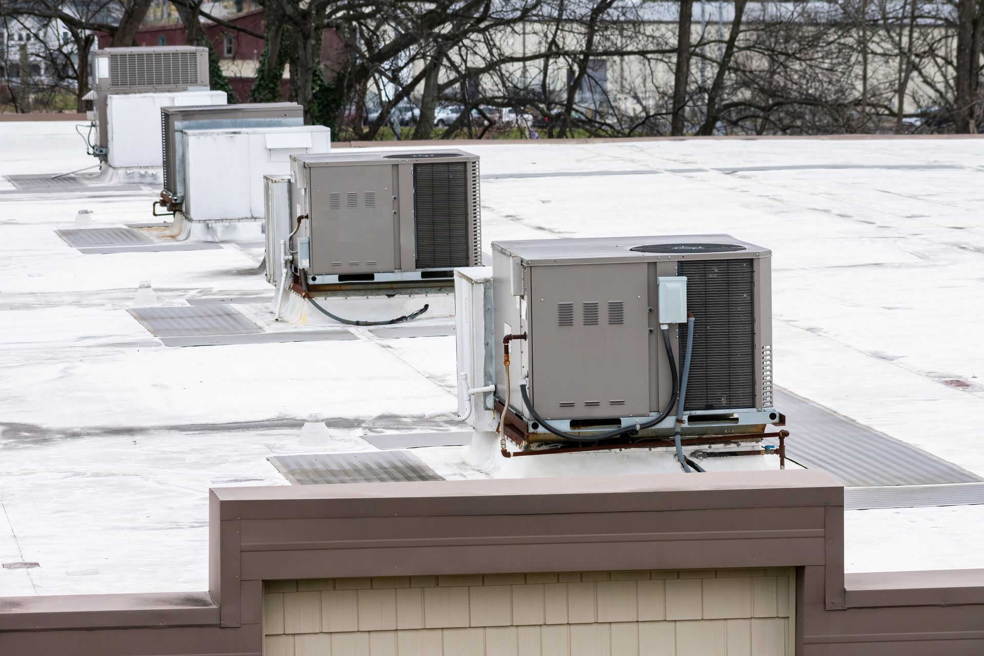 Row of air conditioning units on a flat, white roof with surrounding trees.