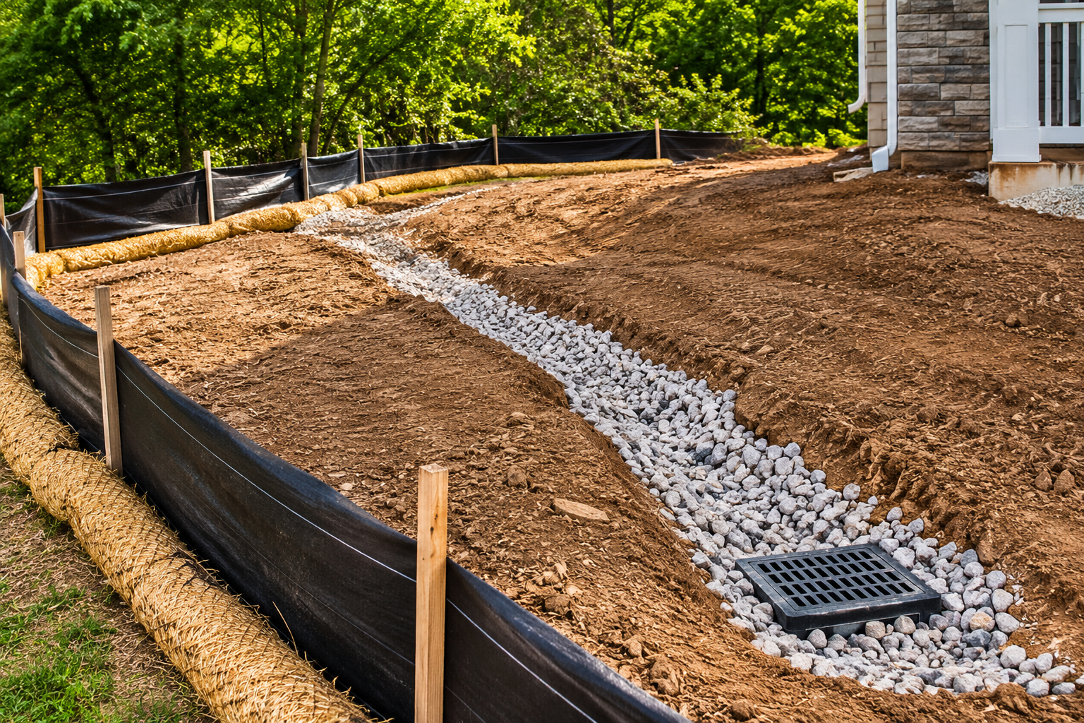 Mulched backyard slope with a gray drainage rock channel and black silt fence along the edge