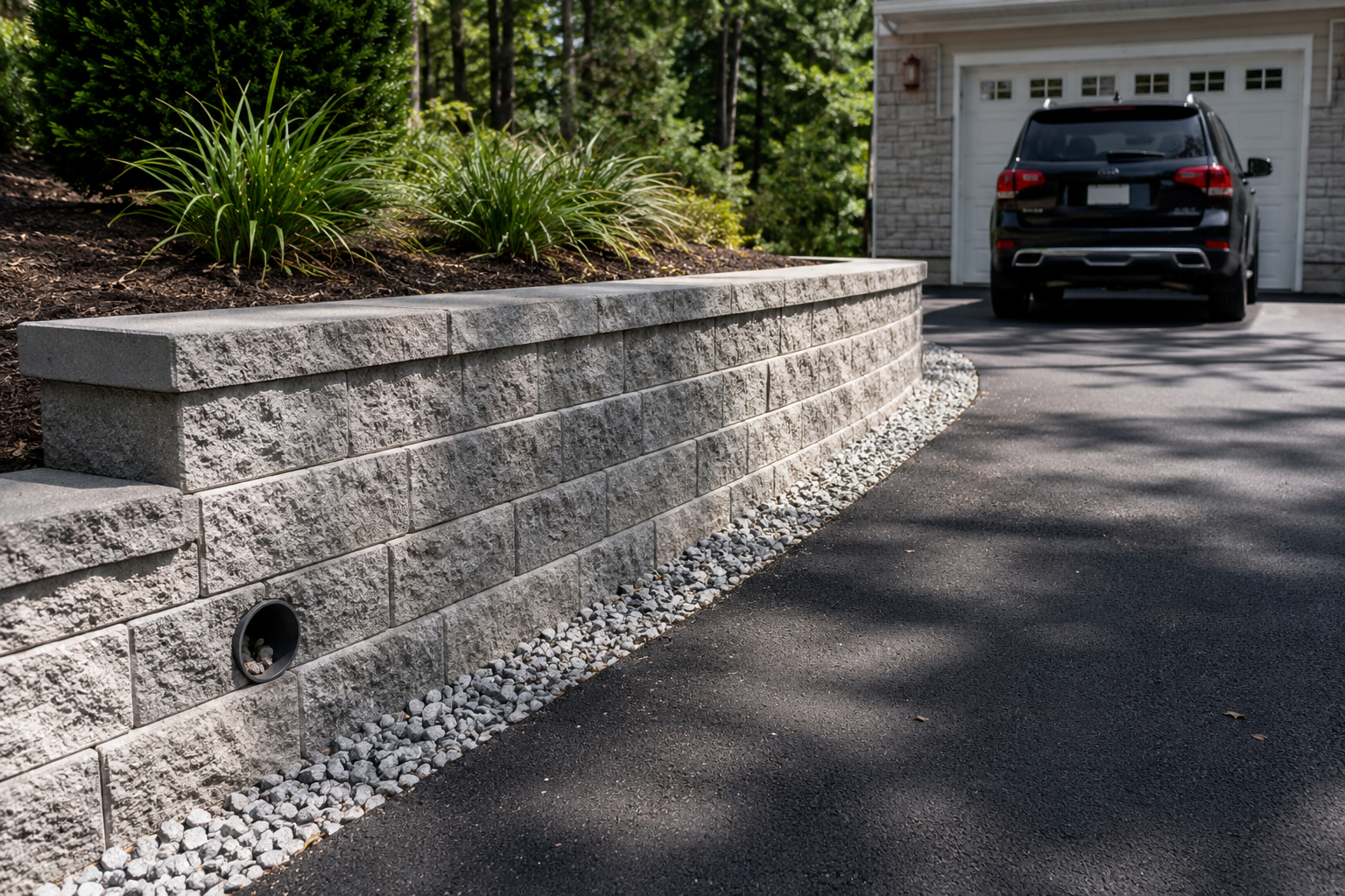 Stone retaining wall beside a driveway with a black SUV parked in front of a garage.