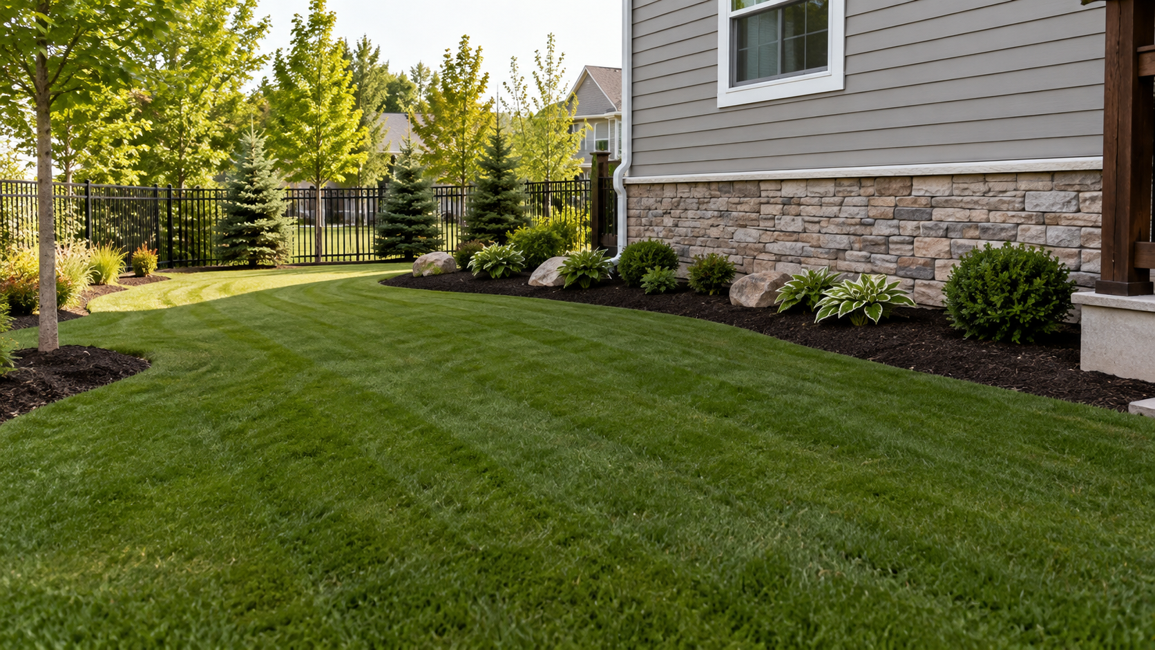 Well-kept green lawn beside a gray house with stone siding and landscaped shrubs