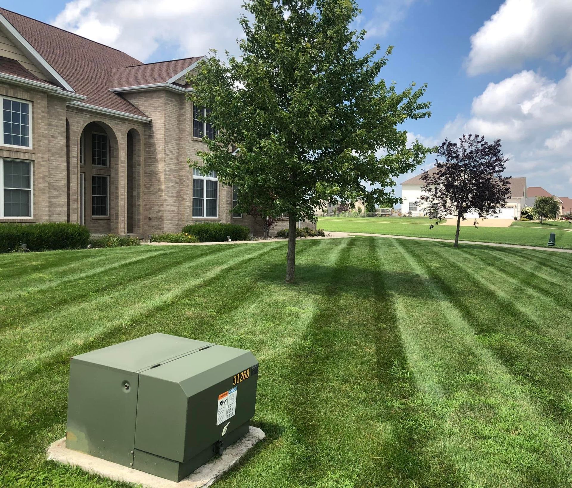 Suburban home with striped green lawn, tree, and utility box in the foreground