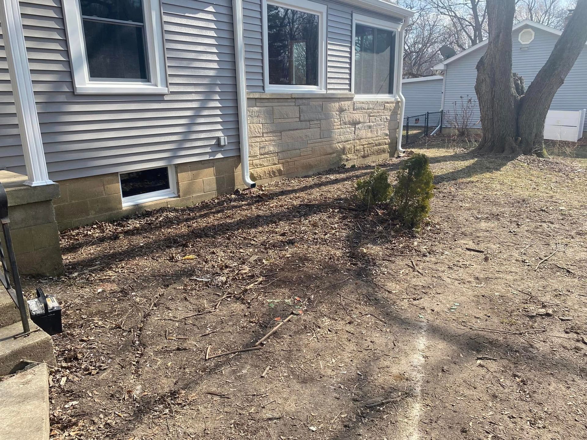 Side yard with a house, tree, and leaf-covered ground in winter.