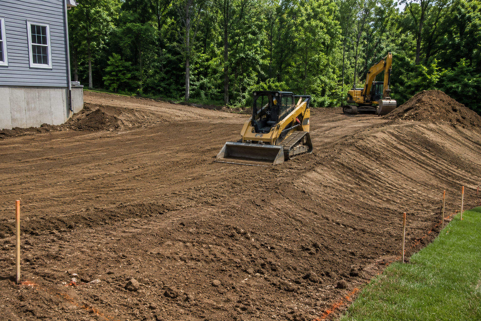 Two yellow excavators grading a dirt yard beside a house and wooded area