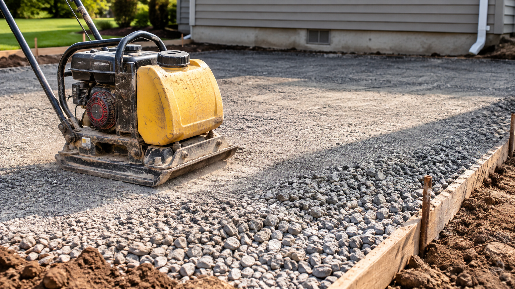 Plate compactor leveling a gravel driveway beside a house foundation