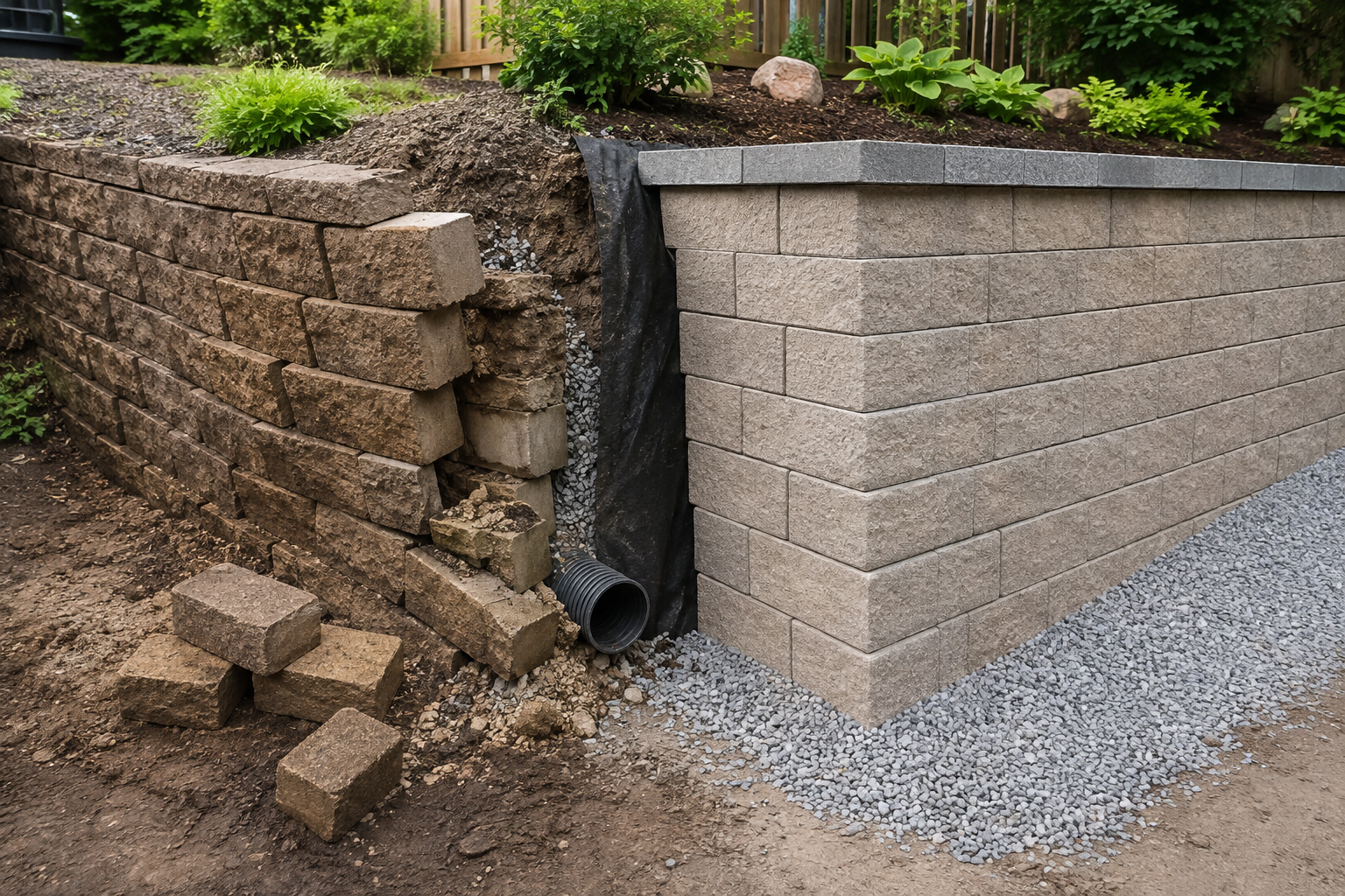 Stone retaining wall with a cracked corner and exposed drain pipe beside gravel and soil.
