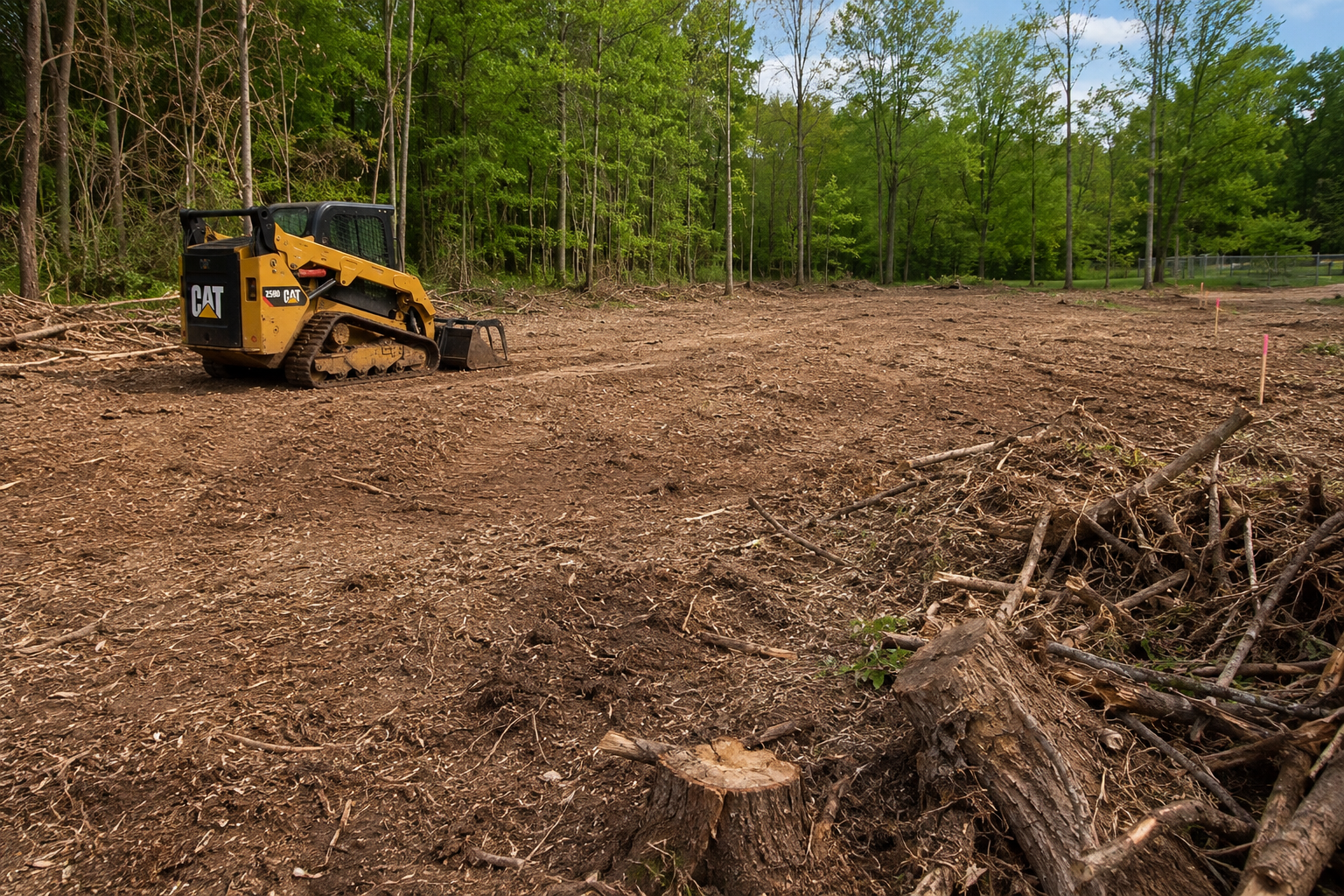 Yellow excavator clearing a brushy dirt lot beside a tree line