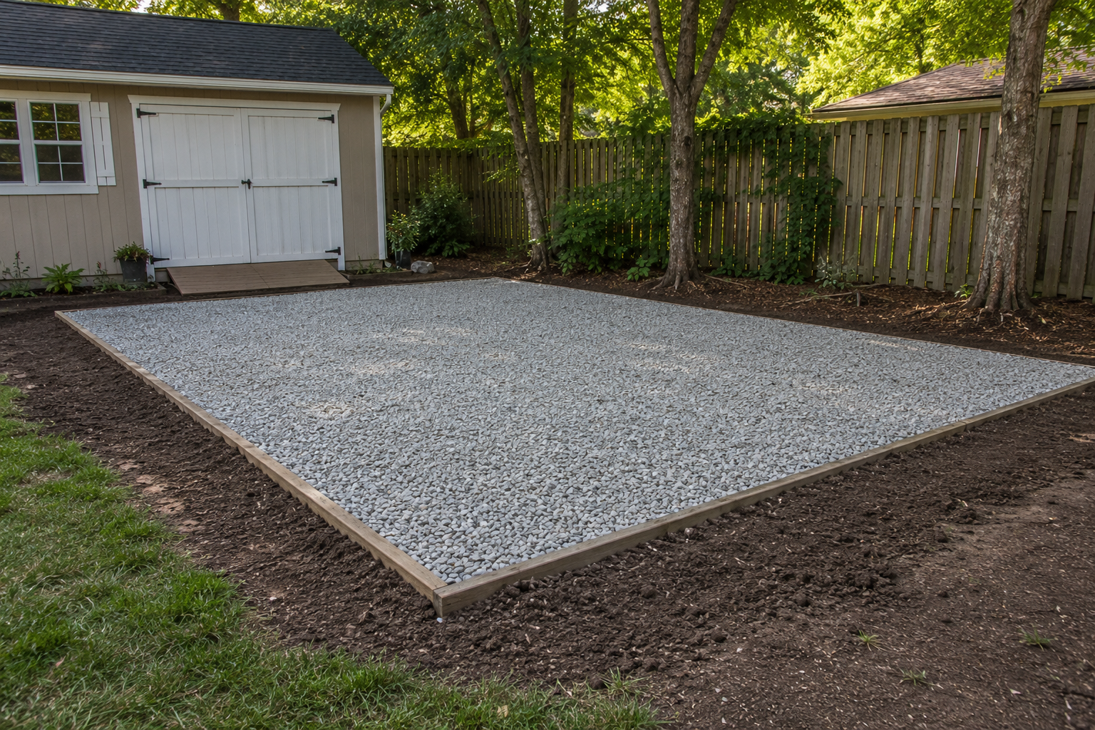 Gravel patio beside a garage, bordered by wood edging and surrounded by trees and fencing.