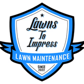 Blue and black shield logo for Lawns To Impress lawn maintenance, since 2022.