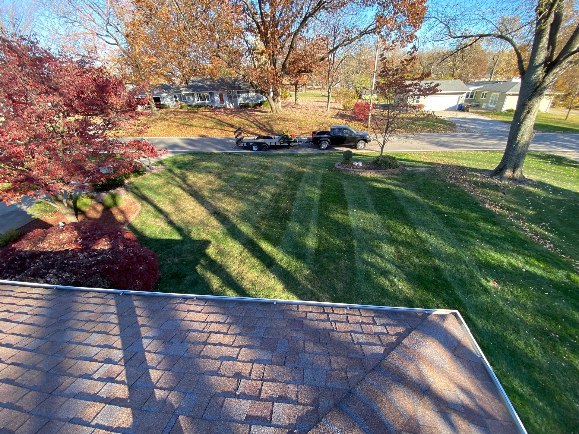 Sunlit suburban yard with long tree shadows, a driveway, and autumn trees in the background