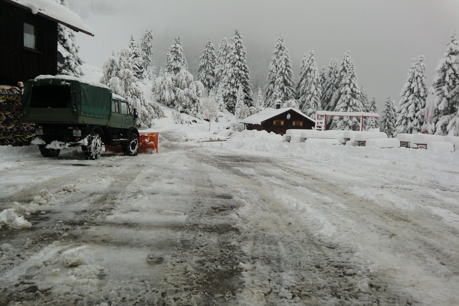 Snow-covered rural yard with a green truck, cabin, and trees in winter