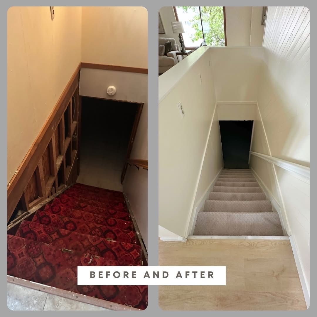 Before-and-after staircase renovation: old dark stairwell with red carpet next to bright beige stairs.
