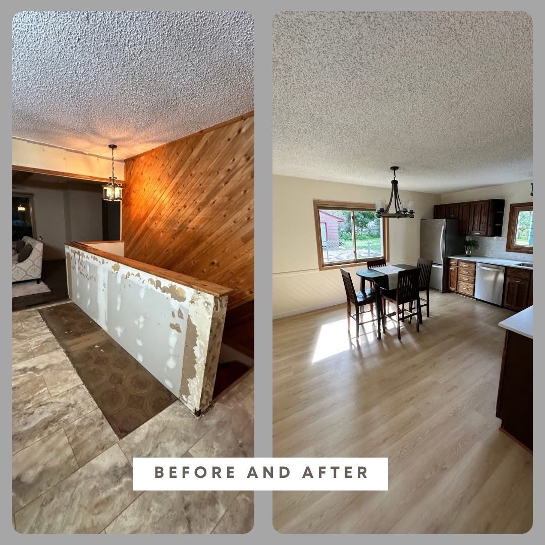 Before-and-after of a renovated interior with exposed wood accent wall and updated dining kitchen area.