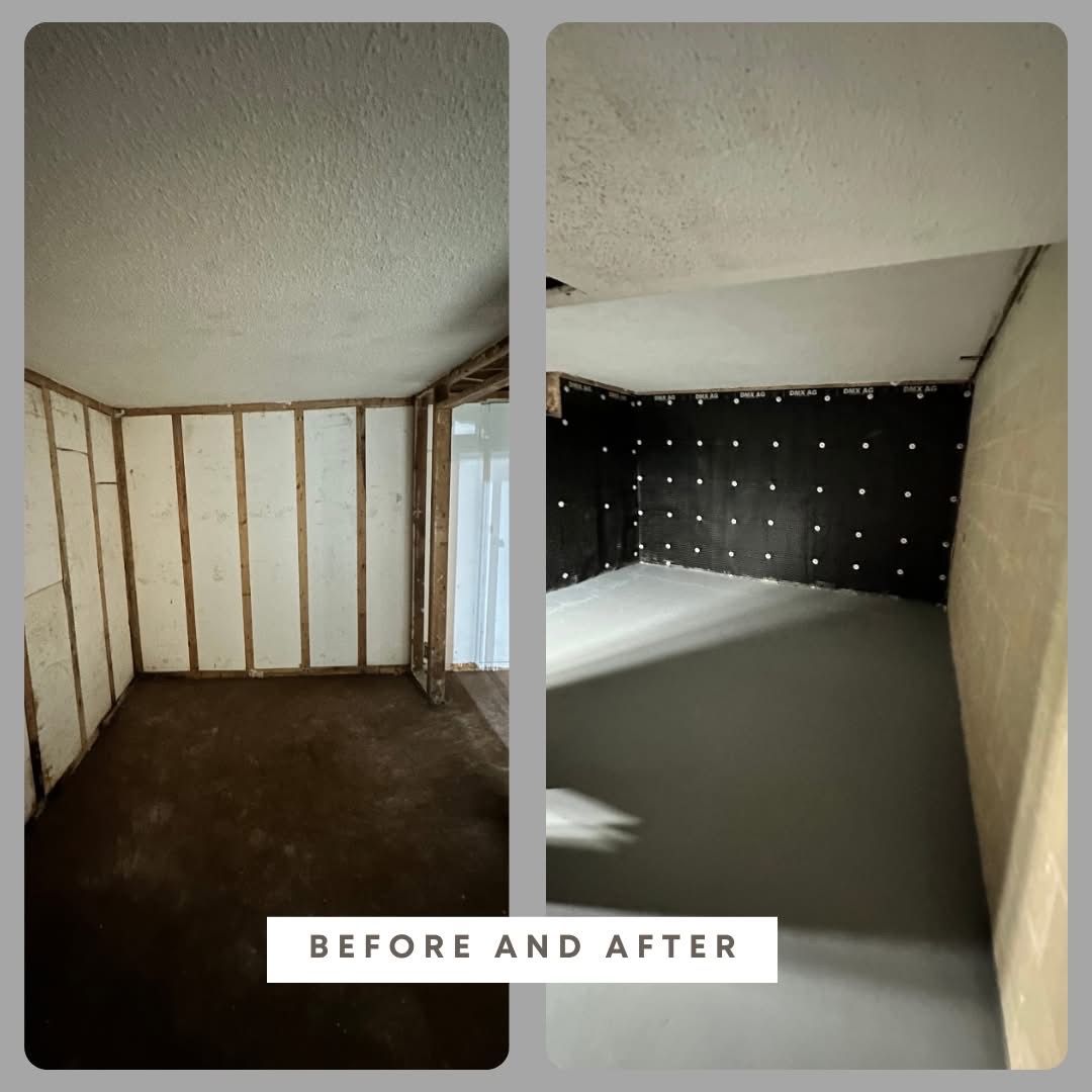 Before-and-after of a small room renovation, showing exposed wall studs replaced with a black insulated wall.