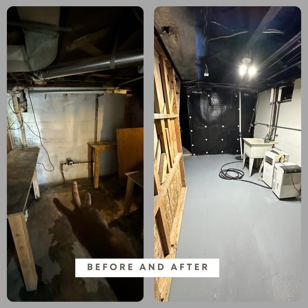 Basement renovation before-and-after: unfinished space transformed into clean, painted room with lighting.