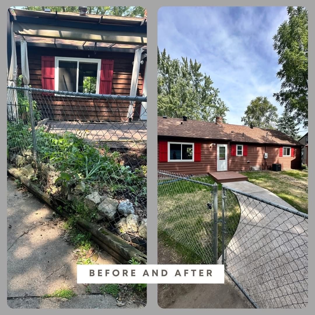 Before-and-after of a red house exterior renovation with porch and new walkway.