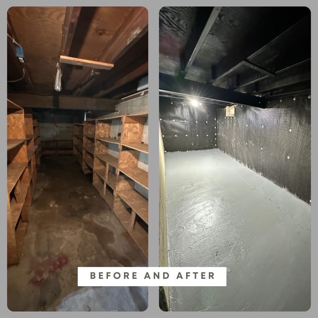 Basement storage room before and after renovation: bare shelves changed to clean white epoxy floor and dark walls