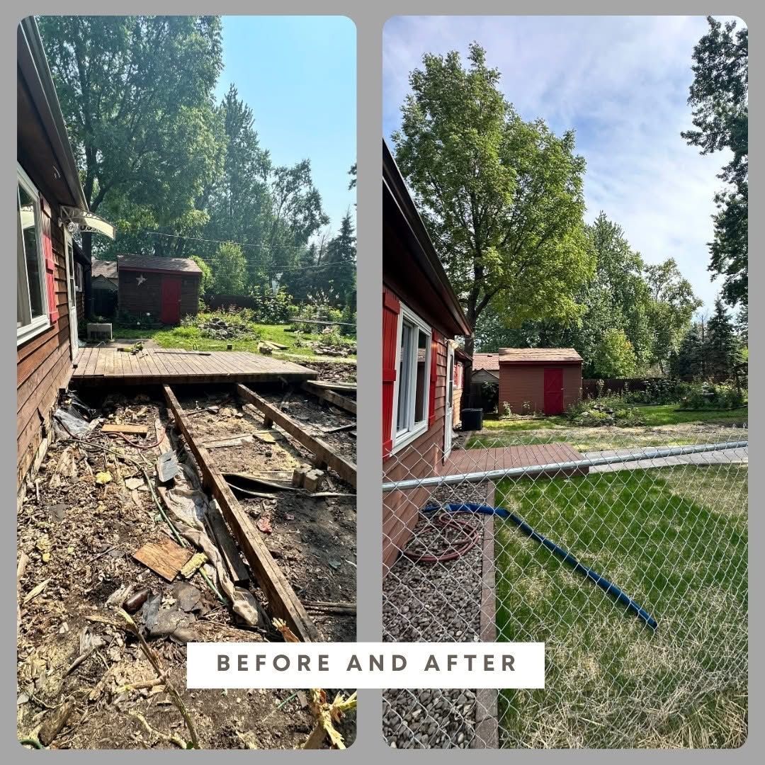 Before-and-after of a yard: damaged tracks removed beside a red house, with grass and trees restored.