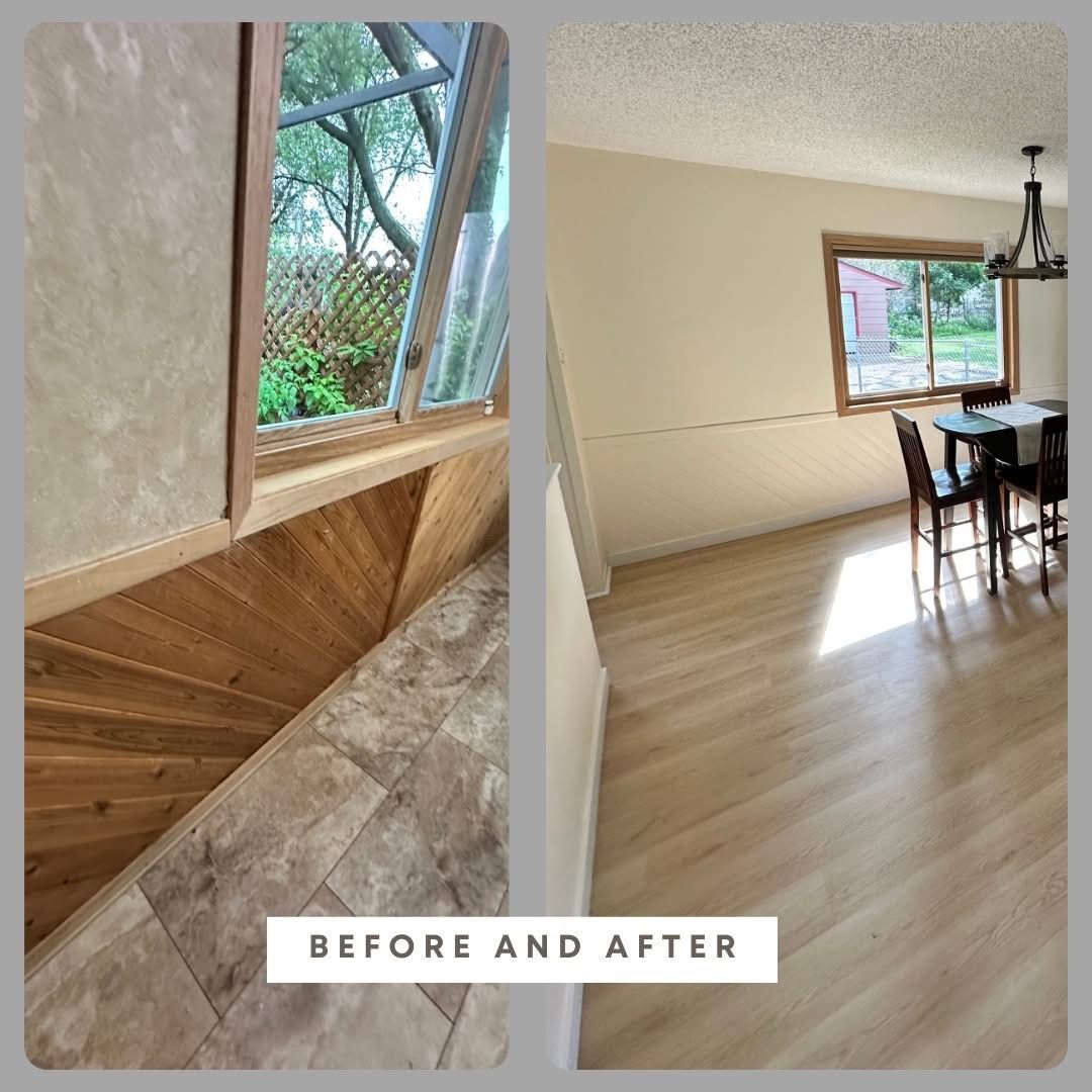 Before-and-after interior renovation: staircase wall and bright dining room with wood flooring.