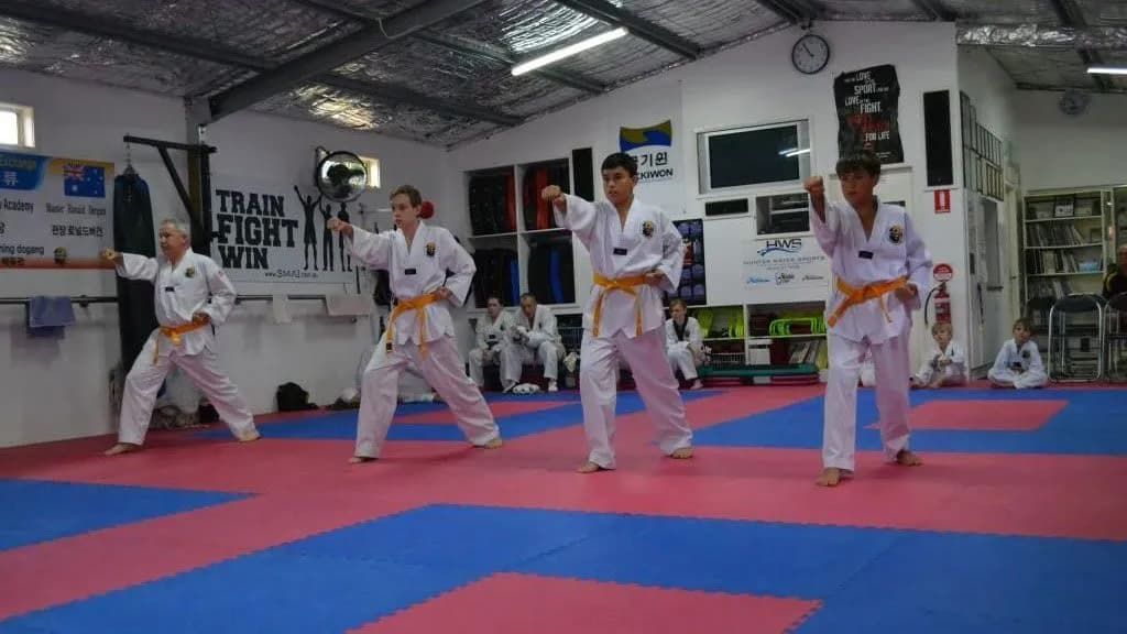 A Group of People Are Practicing Punches in a Gym — Him-Do Tae Kwon Do Academy In Salamander Bay, NSW