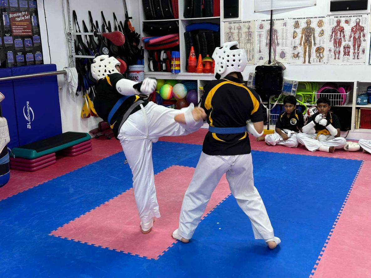 Two Kids Practicing Kicks in a Gym — Him-Do Tae Kwon Do Academy In Salamander Bay, NSW