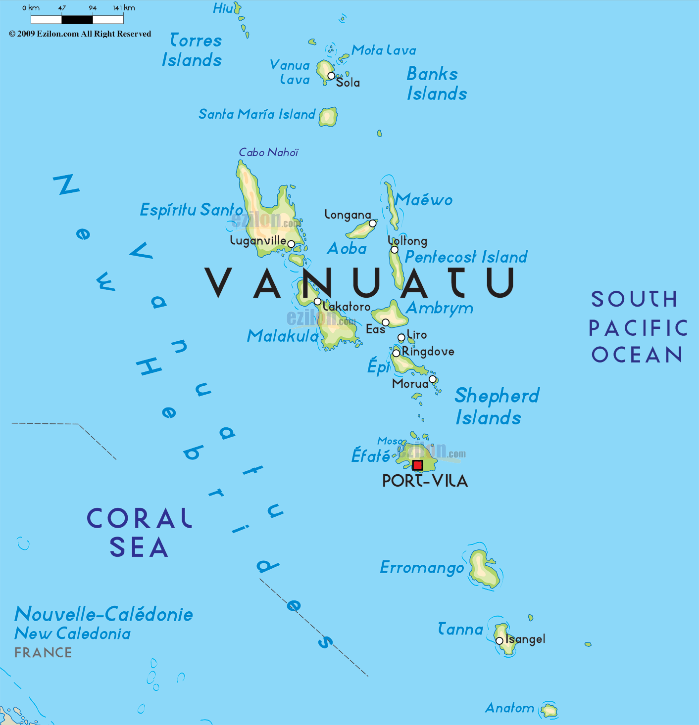 Map of Vanuatu and nearby islands in the South Pacific, with blue ocean and labeled islands.