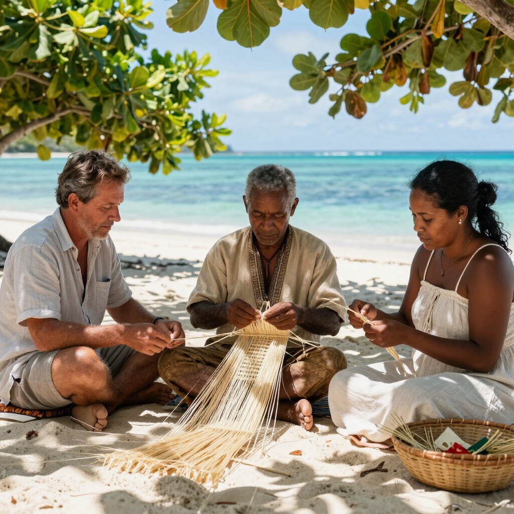 Three people weaving a net on a sandy beach under trees, with turquoise water in the background.