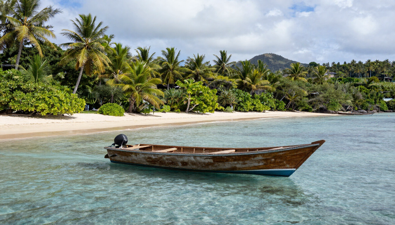 Aore Island day tour boat arriving at a tropical shoreline