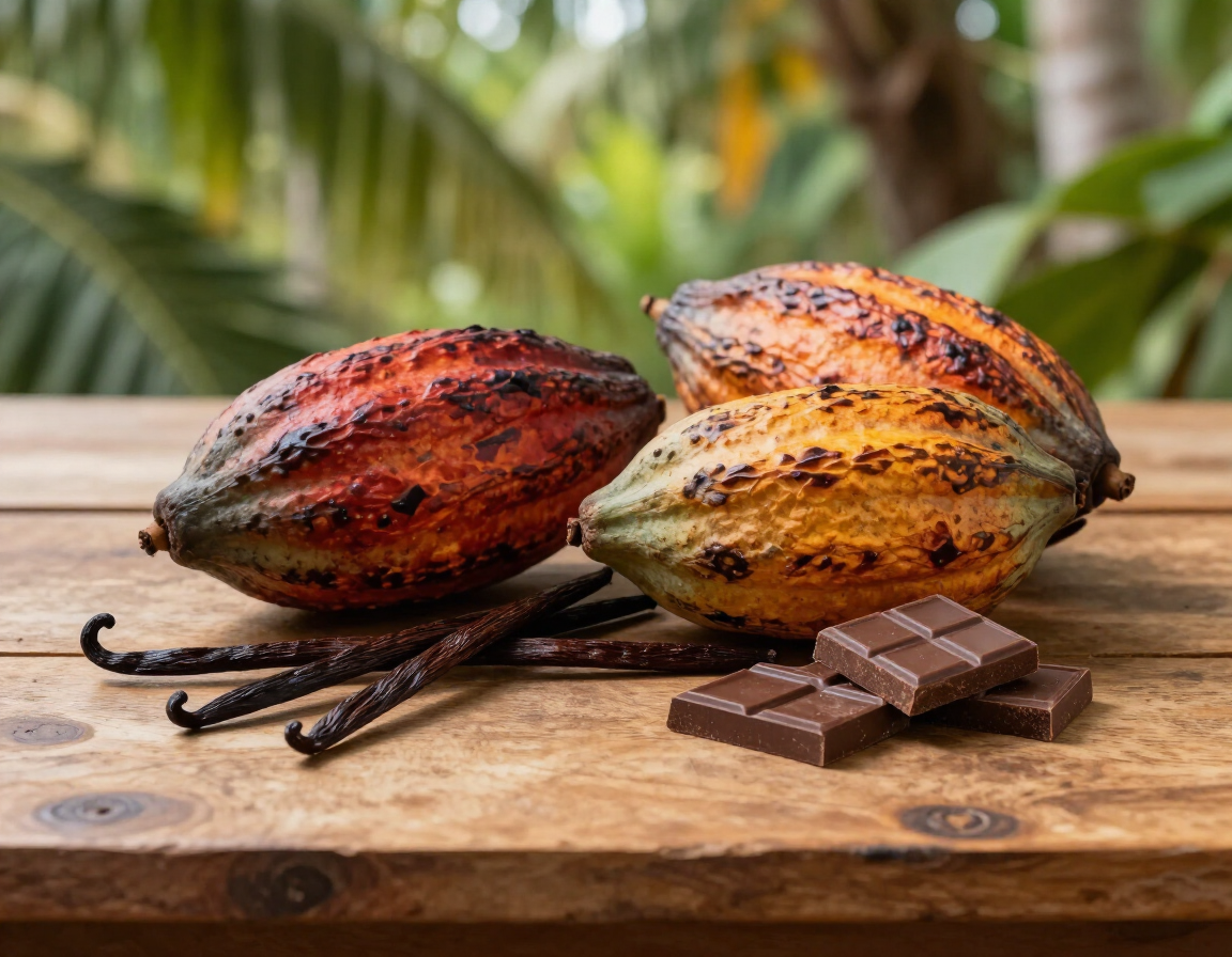 Cocoa and vanilla ingredients arranged for an island food experience