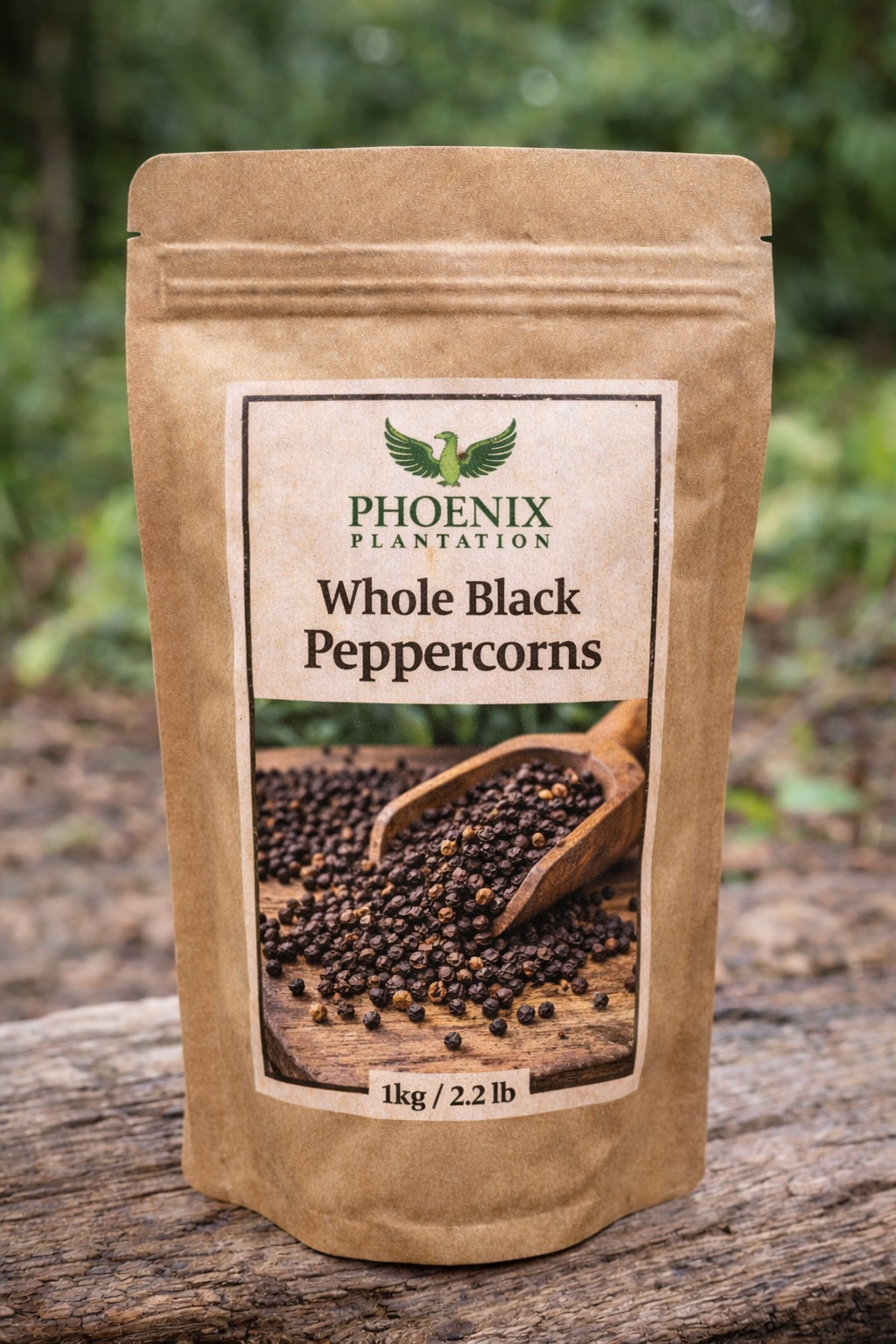 A kraft paper bag of Phoenix Plantation whole black peppercorns, 1kg, centered on a rustic wood surface outdoors.