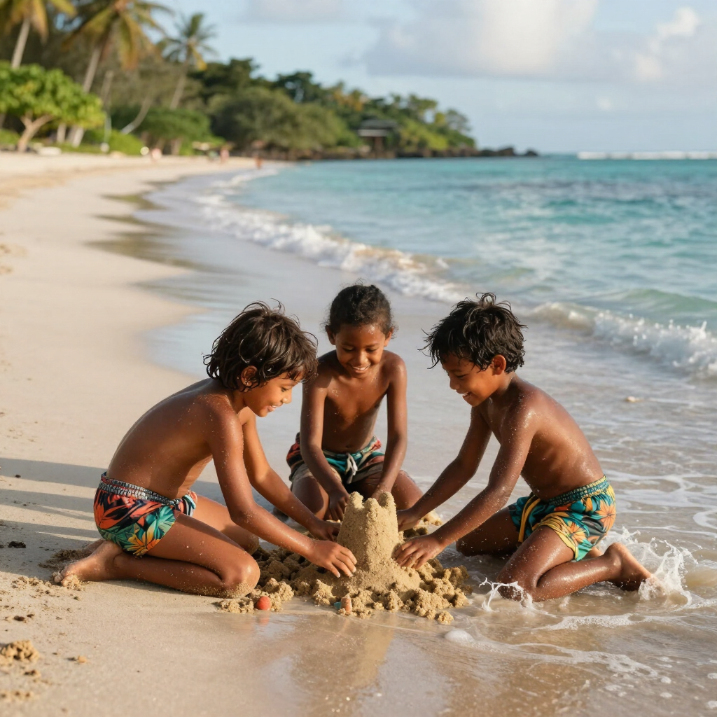Three children building a sandcastle on a sunny tropical beach beside clear turquoise water.