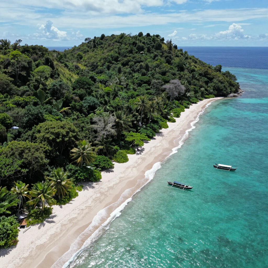 Aerial view of a tropical beach with turquoise water, white sand, and lush green hills.